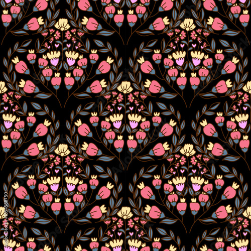 Art Nouveau Seamless Floral Pattern with Yellow Flowers on Blue Background Botanical Folk Art Vector