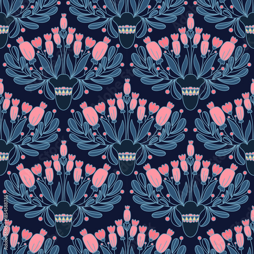 Art Nouveau Seamless Floral Pattern with Yellow Flowers on Blue Background Botanical Folk Art Vector