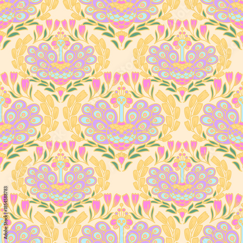 Art Nouveau Seamless Floral Pattern with Yellow Flowers on Blue Background Botanical Folk Art Vector