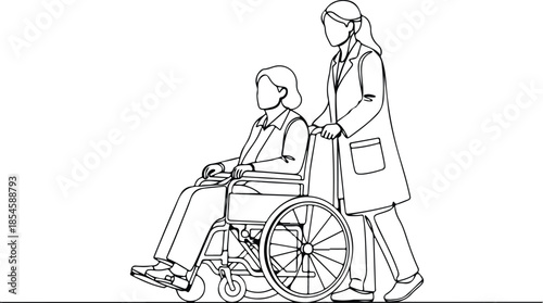 Nurse assisting elderly woman in wheelchair vector Illustration