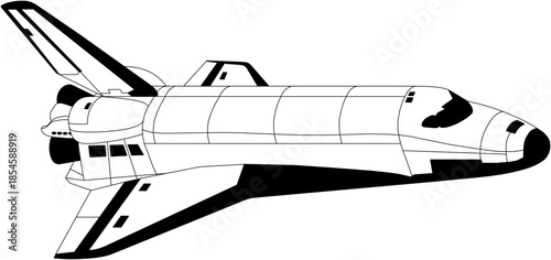 Simplified black and white vector illustration of a space shuttle, isolated on