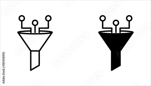 Data Funnel Line Icon set. Line icon of a funnel with connected nodes representing data filtering, lead generation, conversion process, analytics, 