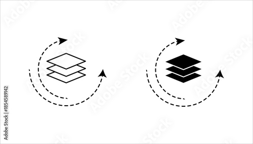 Layer Process Line Icon set. Line icon showing stacked layers with circular arrows representing process, workflow, system, data layers, and iterative operations in technology 