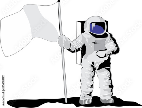 Vector illustration: astronaut holding a white flag on moon, isolated on