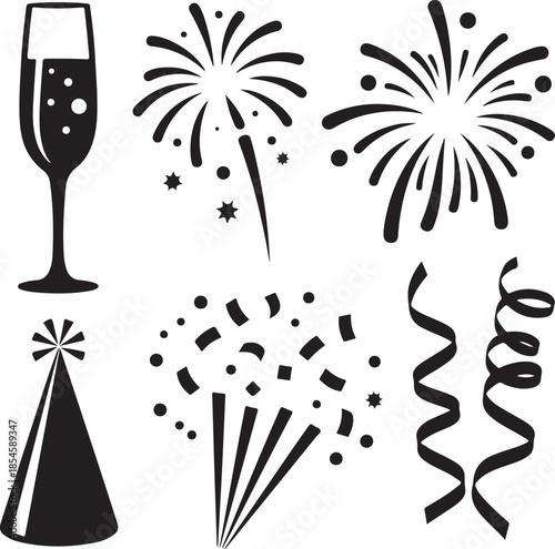 New year celebration icons with clock calendar fireworks and party popper,New year celebration icons and symbols silhouette collection