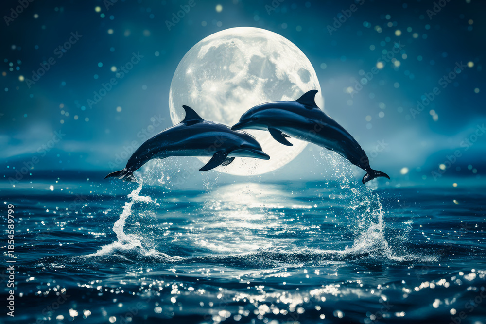 Fototapeta premium Majestic Dolphins Leaping Over Sea Surface Under Silver Full Moon Light