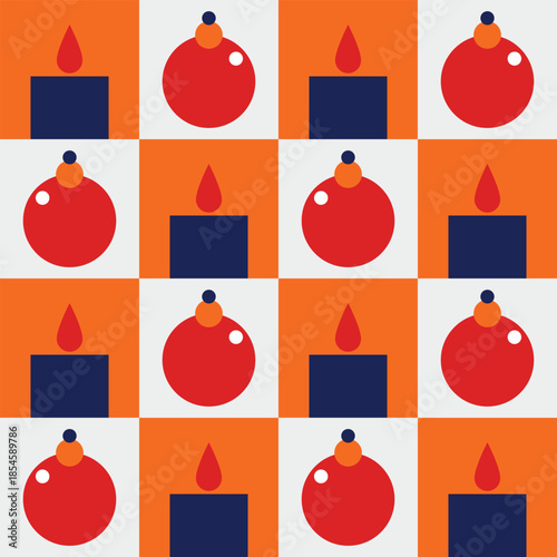 Christmas art features a simple flat seamless pattern with ornaments and candles in a natal setting.