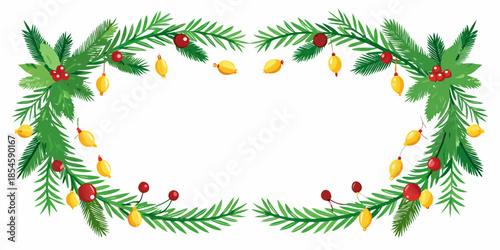 Festive evergreen frame illustration with red berries and yellow string lights, perfect for enhancing winter holiday designs, cards, and seasonal celebrations