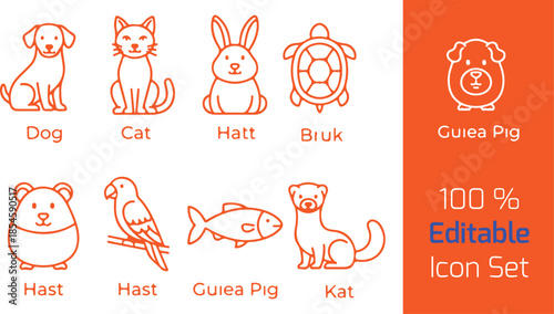 Pet animal line icon set of 9, dog, cat, rabbit, hamster, parrot, fish, turtle, guinea pig, ferret, clean outline vector, white background