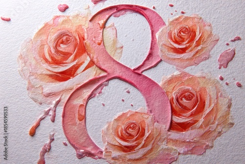 Elegant Watercolor Eight Symbol Surrounded By Soft Pink Roses For Romance, Celebration, And Creative Design — A Modern, Artistic Expression Of Love, Harmony, And Innovation
