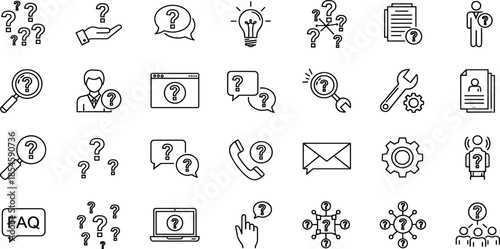 Vector line icons set representing question marks, faq, customer support, help desk, problem solving, ideas, communication, and information search symbols.