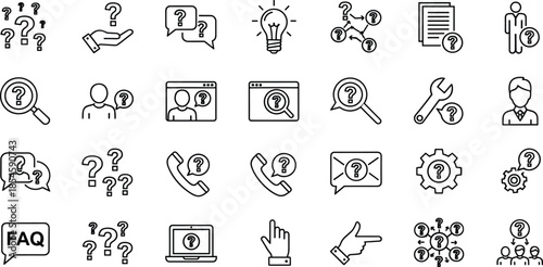 Vector line icons set representing question marks, faq, customer support, help desk, problem solving, ideas, communication, and information search symbols.