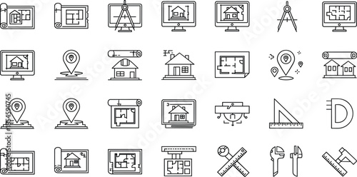 Vector line icons set of architecture blueprints, house plans, construction tools, location markers, engineering design, and real estate project planning items.