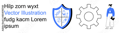 Healthcare, technology, cybersecurity, teamwork, medical innovation, system optimization. A shield with medical icons, a gear symbol and a professional figure. Healthcare and technology concepts