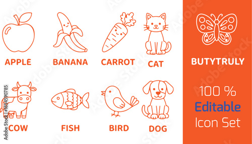  Kids learning icon set of 9, apple, banana, carrot, cow, fish, bird, cat, dog, butterfly, simple friendly line style, white background vector.
