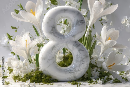 Marble Number Eight Surrounded by White Spring Flowers — Elegant Still Life Sculpture with Moss and Greenery, Perfect for Celebrations and Creative Visuals