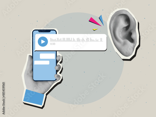 Hand holds phone with a voice message near the ear. Modern collage style. Vector illustration