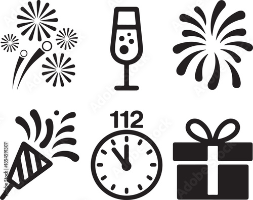 Collection of new year celebration icons in a graphic silhouette style