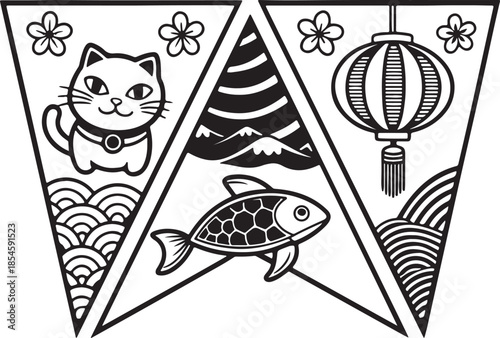 Asian Cultural Panels Featuring Lucky Cat, Koi Fish, Lantern, Cherry Blossoms, and Wave Motifs in Monochrome