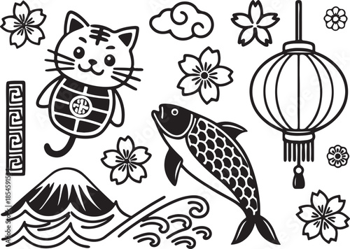East Asian Cultural Illustration Featuring Koi Fish, Lucky Cat, Lantern, Cherry Blossoms, and Mount Fuji Motifs