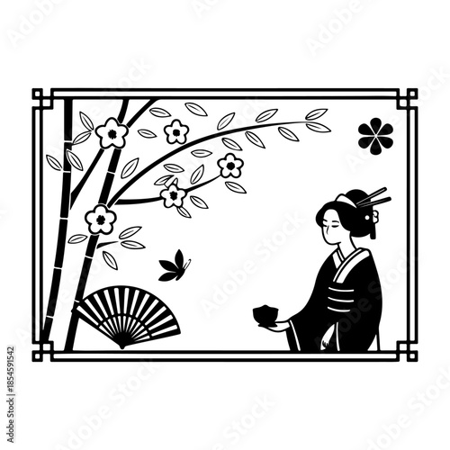Japanese Silhouette Illustration Featuring Kimono Woman, Cherry Blossoms, Fan, Butterfly, and Decorative Nature Motifs