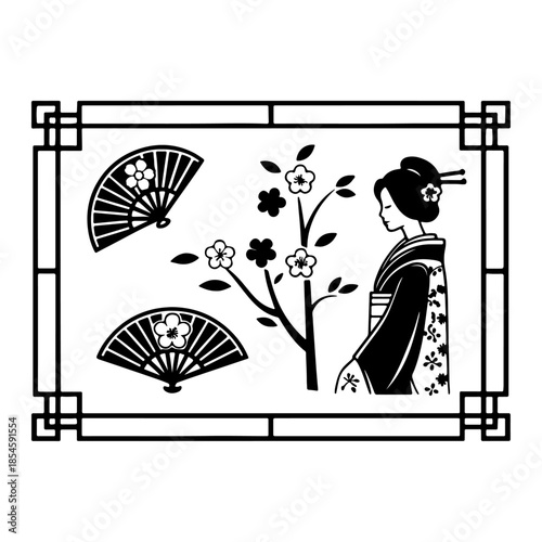 Japanese Silhouette Art Featuring Kimono Woman, Cherry Tree, Fans, Floral Motifs, and Decorative Frame Design