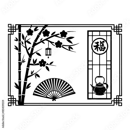 East Asian Silhouette Illustration Featuring Bamboo, Lantern, Fan, Teapot, Blossoms, and Symbol of Fortune