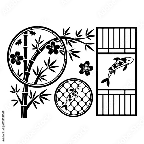 Japanese Silhouette Art Featuring Koi Fish, Bamboo, Cherry Blossoms, and Traditional Frames in Black and White
