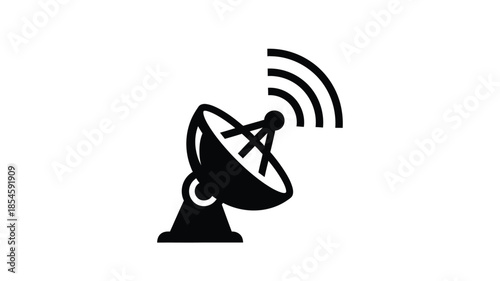 A striking black satellite dish with signal waves a minimalist silhouette