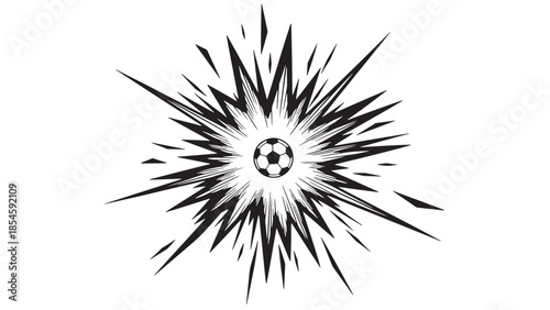 Dynamic vector line art of a soccer ball with explosive starburst lines representing impact and energy