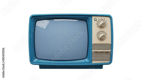Retro blue television set isolated PNG, vintage TV with knobs and screen on transparent background, old-fashioned entertainment appliance