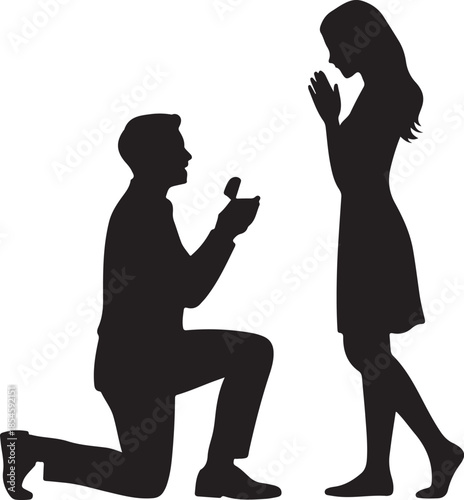 Man kneeling proposing marriage holding ring box to woman
