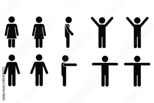 Collection of black human figure pictograms displaying various poses including standing and reaching gestures