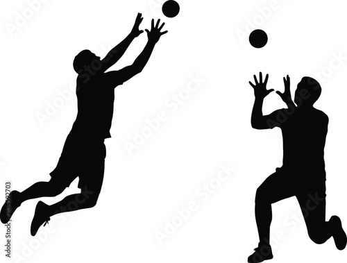 Volleyball players in action dynamic pose black silhouette on transparent background