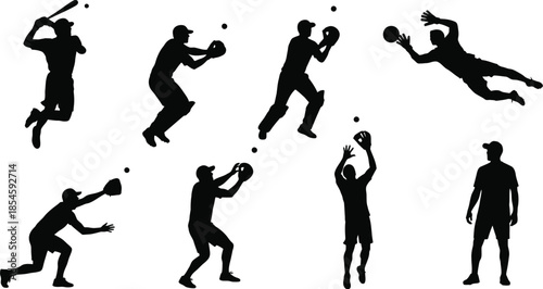 Baseball players in action poses a variety of silhouettes on transparent background