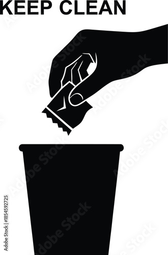Hand dropping trash into a bin clean environment graphic on transparent background silhouette