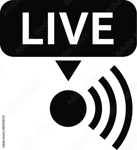 Black live stream icon with speech bubble broadcasting signal on transparent background silhouette