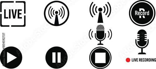 Broadcasting and recording icons set play pause symbols on transparent background silhouette
