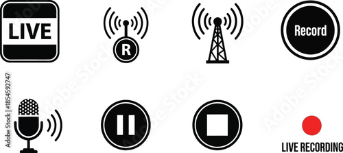 Black broadcasting and recording icons set on transparent background silhouette