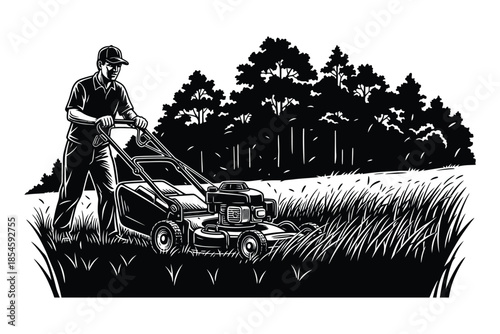 Stylized black and white illustration depicts a man operating a gasoline lawnmower through tall grass and weeds.