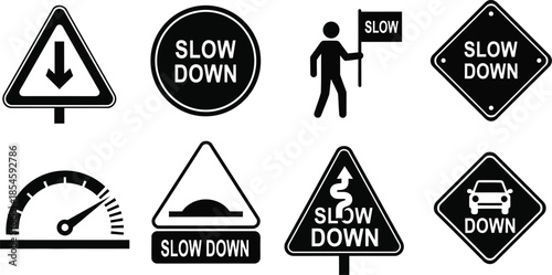 Collection of traffic signs and warning symbols ideal for design on transparent background silhouette