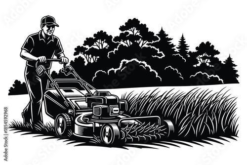 Black and white illustration depicts a dedicated gardener mowing tall grass with a powerful push lawnmower