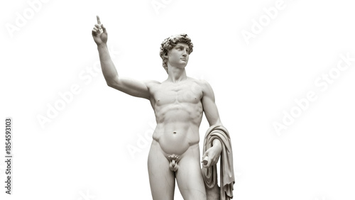 Fotografie Statue of a nude man pointing upwards isolated PNG on transparent background, cl