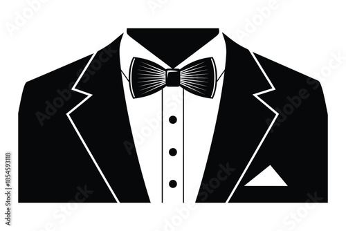 Black and white graphic illustration depicting the upper torso of a formal tuxedo jacket with a bow tie.