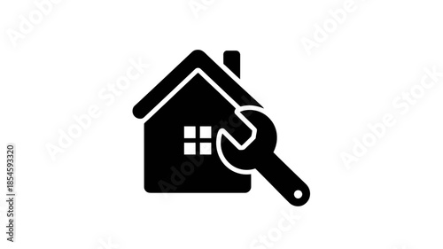 Silhouette of house with chimney and window overlapped by wrench symbol representing home repair and maintenance