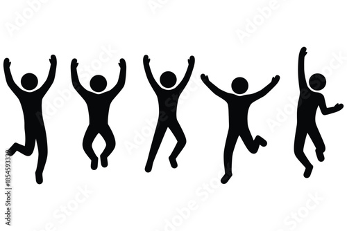 Silhouetted group of diverse stick figures celebrating enthusiastically by jumping high with raised arms