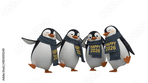 Adorable 3D cartoon penguins dancing for New Year celebration HAPPY 2026 greeting isolated PNG with Transparent Background