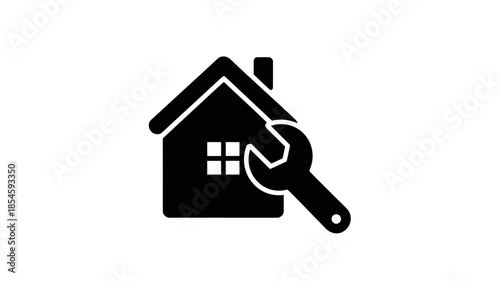 Silhouette of house with chimney and window overlapped by wrench symbol representing home repair and maintenance