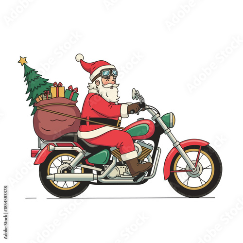 Whimsical Christmas Santa Claus Riding a Motorcycle with a Festive Tree and Gifts In Tow