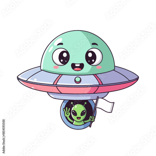 Adorable cartoon flying saucer with a cute alien character and a flag in a vibrant, playful style